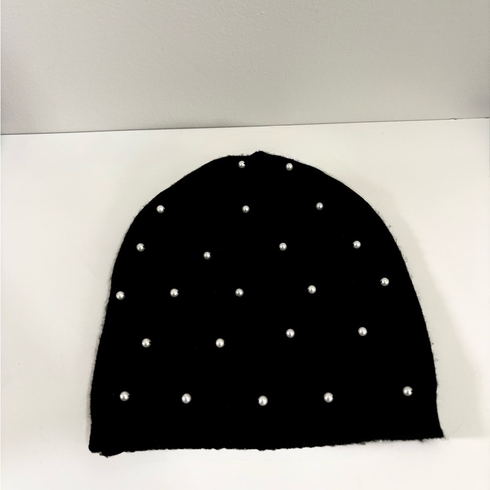 Pearl Studded Knit Black Beanie Hat